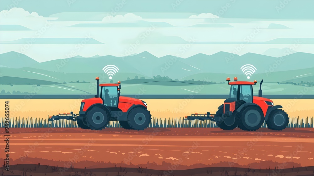 Poster a graphic depicting a smart farm field with automated tractors utilizing cutting edge iot internet o