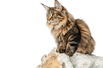 Majestic Maine Coon cat with long fur and tiger stripes perched on a rock, gazing into the distance. Perfect for pet and animal themes.
