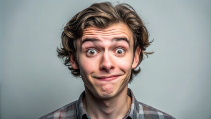 Amused and bewildered, a young adult raises a dubious eyebrow, scrunches up their face, and tilts their head in comical disbelief, expressing humorous skepticism.