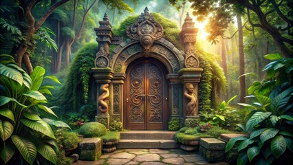 Fototapeta premium Ancient mystical temple entrance with intricate carvings, ornate doorways, and mystical symbols, surrounded by lush greenery, inviting exploration into a magical realm.