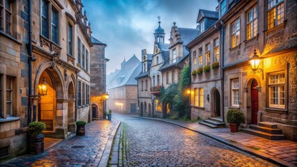 Fototapeta premium Ancient stone buildings with worn facades and ornate details line narrow cobblestone streets in a quaint, misty morning scene of a historic European city.