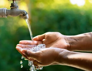 Clean water flows from the tap into cupped hands. Generated with AI