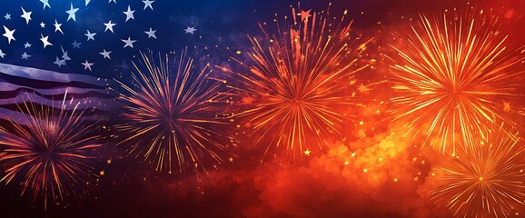 Fototapeta premium Fireworks exploding against a red, white and blue American flag background.