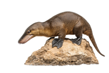 Model of prehistoric sea mammal Peregocetus. This ancient, whale-like creature features webbed feet and a streamlined body, displayed on a rock.