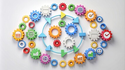 Assorted colorful process icons, including gears, charts, and arrows, arranged in a circular flowchart, illustrating a seamless and efficient workflow or business strategy process.