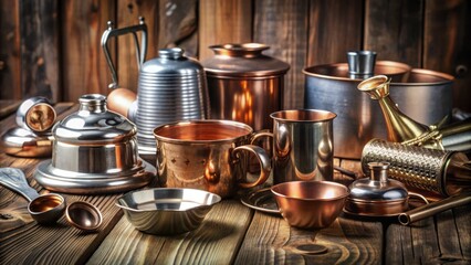 Assorted metallic elements, including copper, iron, and silver, are artfully arranged on a rustic wooden table, showcasing their unique textures and reflective properties.