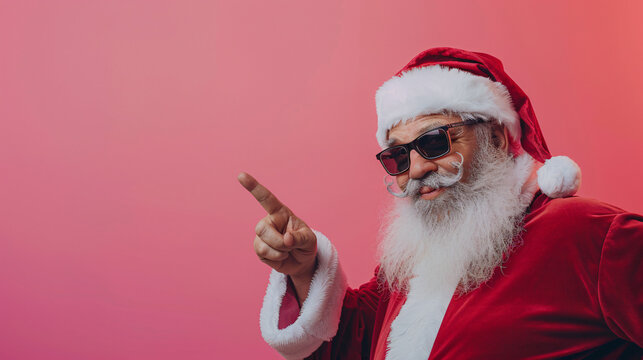 Santa claus in sunglasses points to the left against a pink backdrop