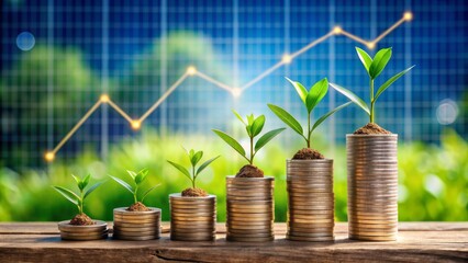 Business growth concept: arrow-shaped plants sprouting from coins, surrounded by graph charts and financial reports, representing increasing revenue and successful entrepreneurial ventures.