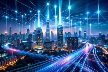 Obraz premium A cityscape with a lot of lights and a lot of buildings. The city is lit up and the lights are shining brightly. The city is bustling with activity and the lights give it a vibrant