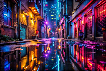 A neon city street with a reflection of the lights in the water. Scene is vibrant and energetic