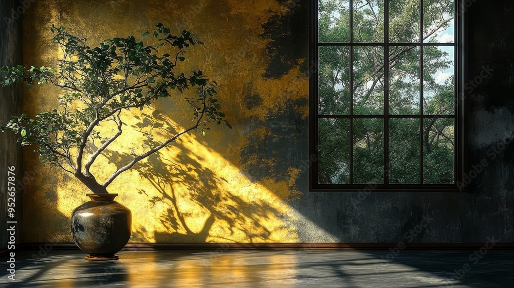 Poster sunlight streams through the large window illuminating a potted tree that casts intricate shadows ag
