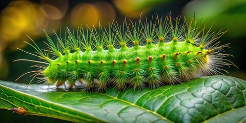 Fototapeta premium A lush green caterpillar with spiky, fuzzy body and J-shaped head clings to a leaf, its tiny legs curled tightly as it munches on vegetation.