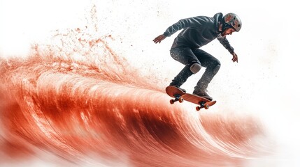 Skateboarding on a Crimson Wave: A fearless skateboarder rides a wave of crimson liquid, a dynamic and visually stunning image of extreme sports and daring adventures.  