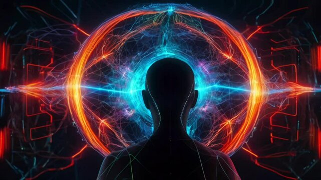 Fractal natural energy. Digital illustration of brain thinking process with many connected data networks emitting energy fields. Illustration of human energy aura radiation. 4K