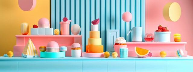 Colorful abstract dessert display with geometric shapes and pastel colors