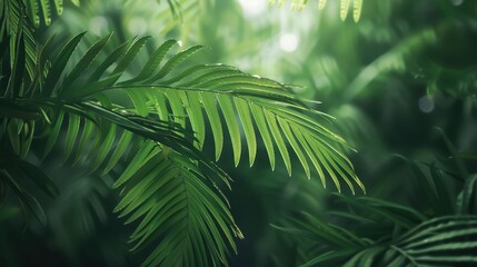 Close-up of lush green tropical palm leaves in a dense rainforest, with sunlight filtering through the foliage.