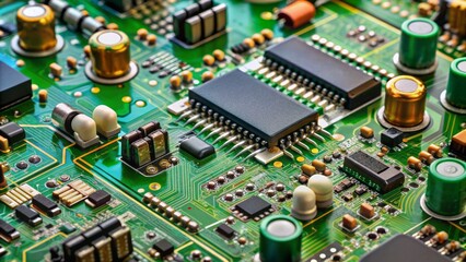 Close-up of electronic circuit board with various components such as capacitors, resistors, and microchips, attached to a green printed circuit board (PCB) layout.