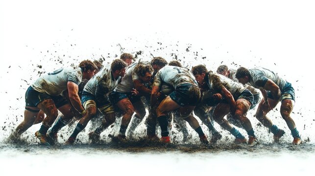 Rugby scrum in the mud: A powerful image depicting the intensity of a rugby scrum, showcasing the grit, determination, and teamwork of the players. The mud splattered on their bodies tells a story of 