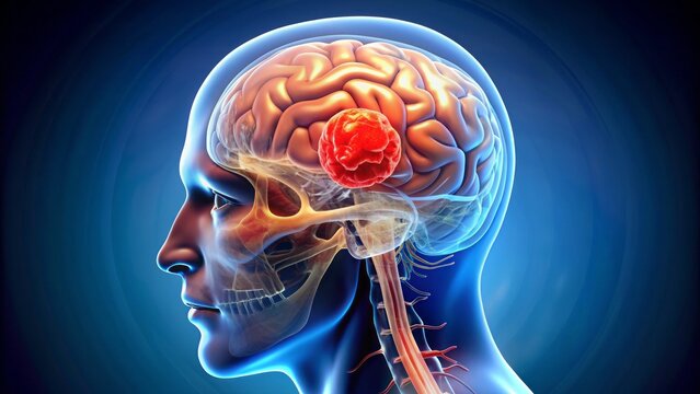 Colorful 3D medical illustration of a human brain with a subdural hematoma, showcasing bleeding between the dura and arachnoid mater, highlighted in red.