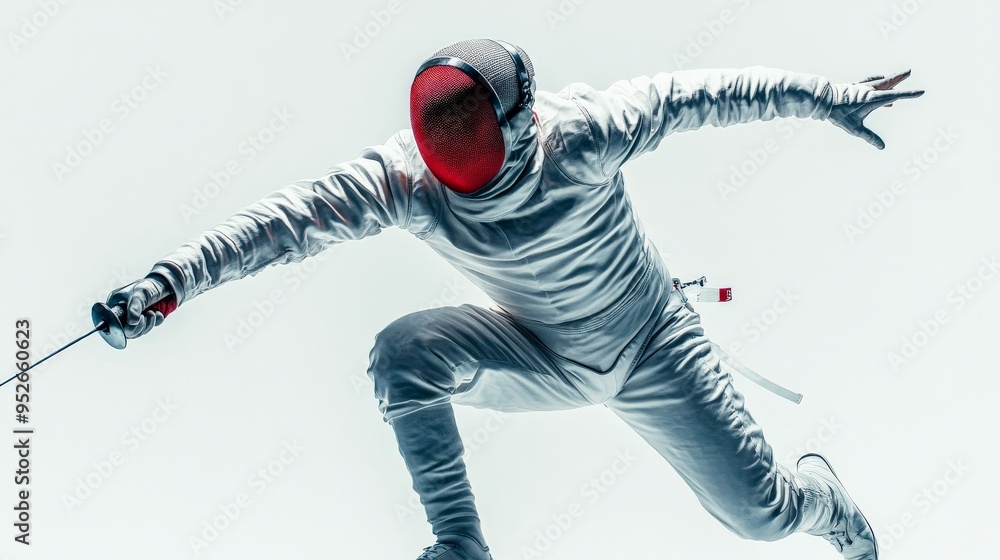 Poster fencer in action: a dynamic and powerful image of a fencer in mid-stride, showcasing their agility, 