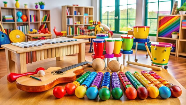 Colorful array of kid-friendly instruments including xylophone, drum, maracas, and recorder, neatly arranged on a table in a cheerful elementary school music classroom.