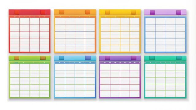 Colorful blank calendar templates with boxes and lines on a white background, perfect for organizing schedules, planning events, and tracking tasks and deadlines.