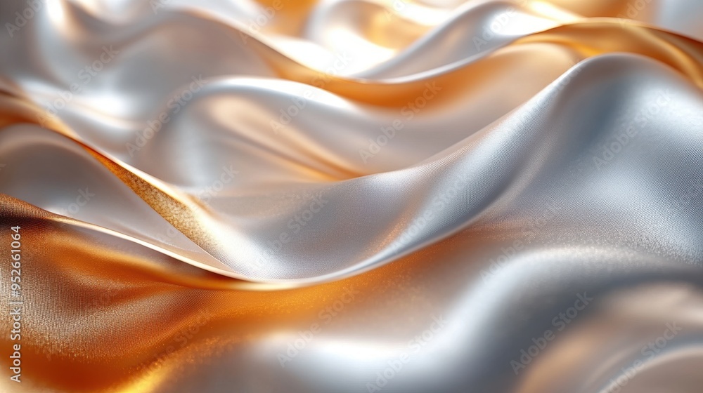 Poster abstract 3d render of a golden foil scroll with folded gold ribbon paper stripes in the background.