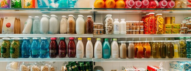 Organized display of assorted groceries on shelves in a modern store