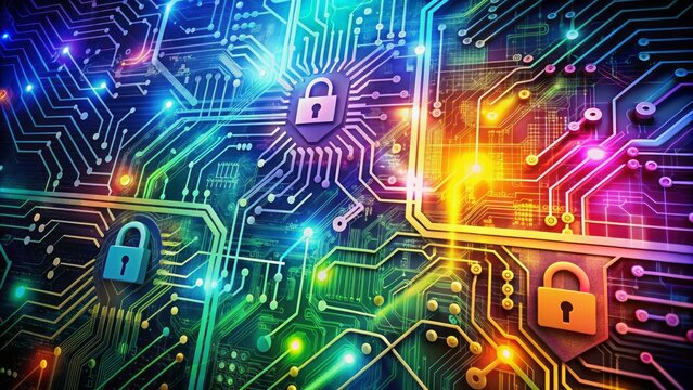 Colorful circuit board patterns and cryptic code symbols swirling together, representing the complex process of securing online data through advanced digital encryption techniques.