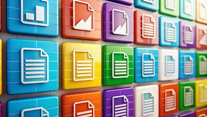 Colorful digital document icons representing various file types, such as PDF, Word, and Excel, arranged in a grid on a modern white background.