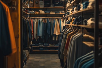 Obraz premium Clothing store background featuring racks of neatly arranged garments, showcasing a variety of styles and colors. The scene captures the atmosphere of a retail fashion environment.