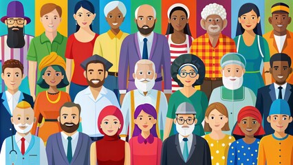 Colorful diversity icons representing different cultures, ages, abilities, and professions gather together in harmony, promoting unity, inclusivity, and social equity.