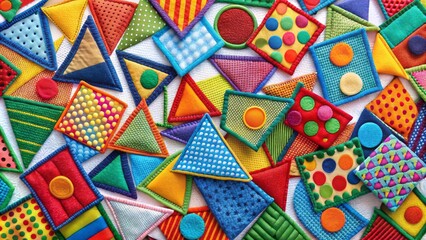 Fototapeta premium Colorful fabric patches in various geometric shapes, including triangles, circles, and squares, are randomly arranged on a white background, creating a playful textile collage.