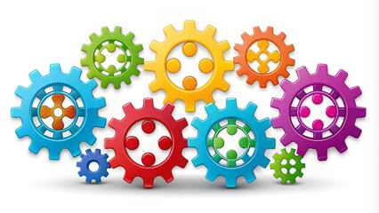 Colorful icon set featuring teamwork and gear elements, including cogs, wheels, and puzzle pieces, symbolizing collaboration, unity, and efficient problem-solving in a business setting.