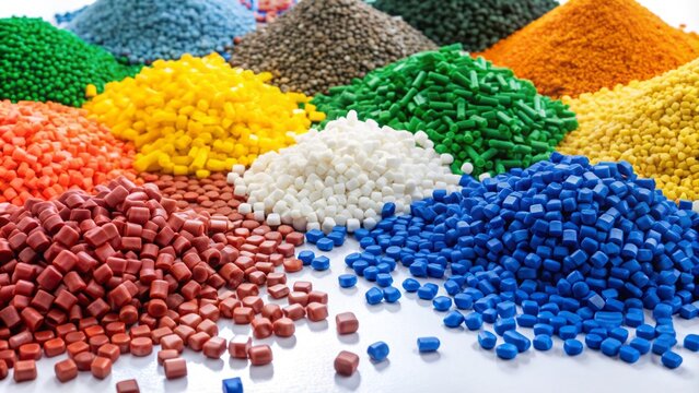Colorful plastic pellets and plastic fibers scattered on a white background, representing various types of polymers used in manufacturing and industrial production processes.