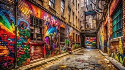 Naklejka premium Colorful spray-painted tags and abstract shapes cover a weathered urban wall, surrounded by crumbling bricks and rusty metal bars, in a gritty city alleyway scene.