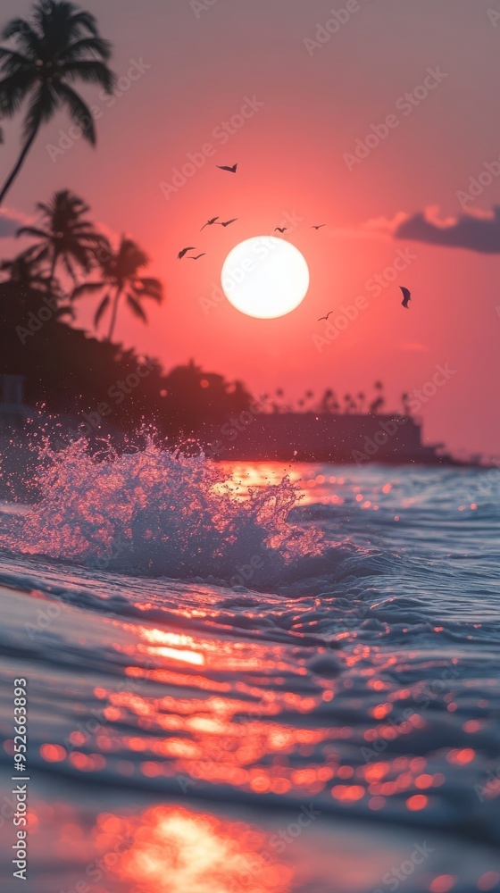 Poster as the sun dips below the horizon warm colors reflect off the gentle ocean waves creating a tranquil