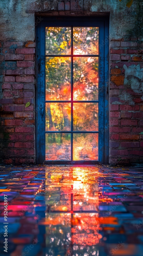 Poster vibrant autumn leaves shine through an old window illuminating colorful tiles below creating a magic