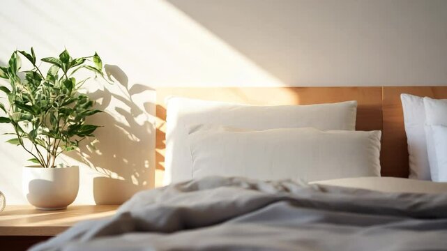 cozy bedroom with bed in the morning sun rays