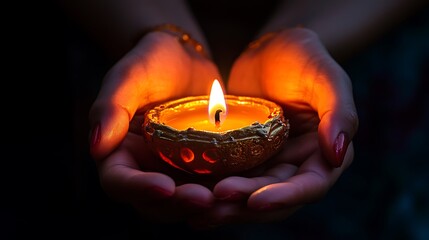 Close-up of a woman's hands holding a lit candle.