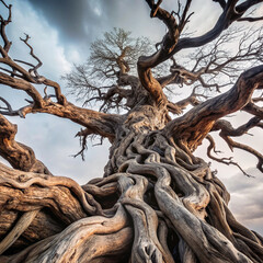 Ancient twisted tree with gnarly roots against stormy sky, dramatic perspective