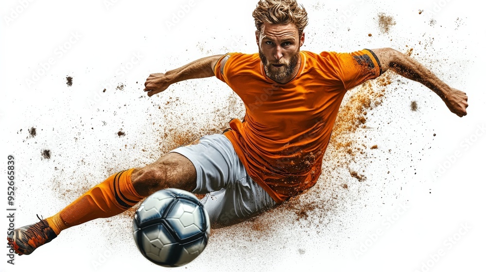 Poster dynamic strike: soccer player in orange uniform executes a powerful kick, sending sand flying in a d
