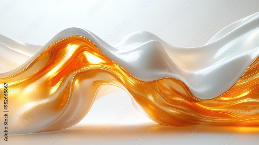 Poster 3d render of an abstract background with golden wavy folded ribbon inside a white room and gold meta
