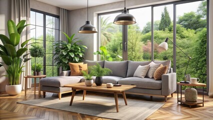 Fototapeta premium Cozy modern living room with sleek gray sofa, wooden coffee table, and floor lamp, surrounded by large windows and potted green plants.