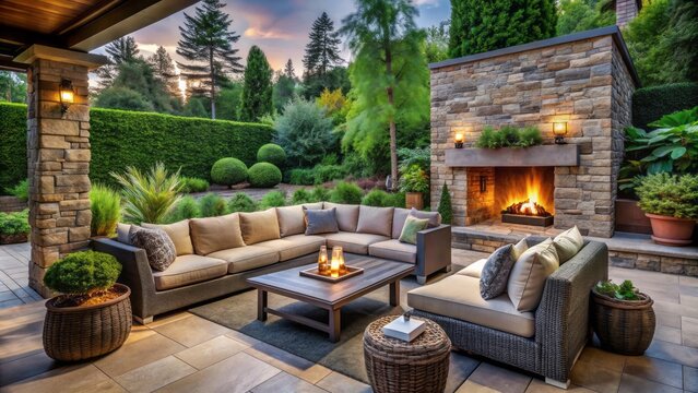 Cozy outdoor patio features a stone-faced fireplace, plush sectional sofa, and lush greenery, perfect for chilly evenings and alfresco entertaining under the stars.