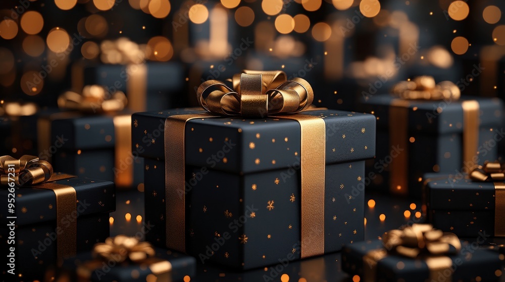 Poster 3d render of an abstract festive background for black friday featuring a stack of black gift boxes w