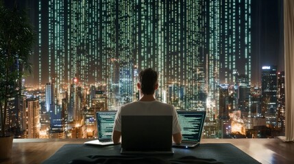 Developer writing HTML code with a green matrix-style background hacker-like aesthetic