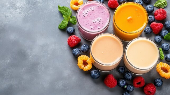 A vibrant assortment of fresh fruit smoothies in jars surrounded by colorful berries and mint leaves on a textured surface.