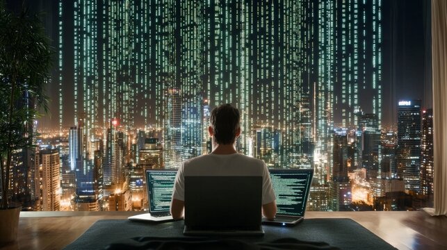 Developer writing HTML code with a green matrix-style background hacker-like aesthetic - Powered by Adobe