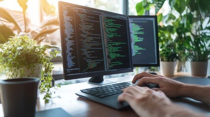 Developer writing HTML code with a green matrix-style background hacker-like aesthetic